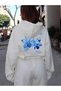 Women's White Blue Floral Printed 3 Thread Hoodie Sweatshirt