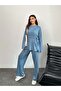 Modal Fabric Set with Lace-Up Waist Draped Top and Wide-Leg Pants 3002 - Blue - 2
