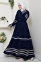 Women's Strawberry Fabric Stripe Detailed Belted Navy Blue Dress - 3