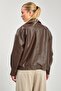 Women's Leather Look Double Pocket Jacket - Brown - 4