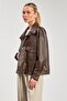 Women's Leather Look Double Pocket Jacket - Brown - 5
