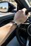 Black Stone Men's Bracelet with Wolf Figure - Flexible Misinal Design with Silver Detail