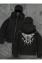 Oversized Zippered Black Unisex Hooded Cardigan with Mask Detail - 2