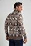 Trist Star Men's Milk Coffee Short Zip-Up Standing Collar Jacquard Deer Wool Christmas Sweater Trist-5362 - 3