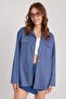 Women's Relax Fit Comfortable Cut Double Pocket Knitted Indigo Apricot Collar Shirt - 5