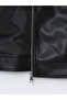 Black Shirt Collar Oversize Women's Leather Look Jacket - 7