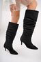 Suede Women's Boots, Drawstring Long Thin Heeled Women's Black Boots, Casual Pointed Toe Winter Boots - 2