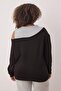 Siyah Bisiklet Yaka Omuz Detaylı İnce Örme Büyük Beden Sweatshirt TBBAW23AO00020 - 4