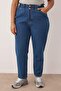 Mavi Yüksek Bel Beli Lastikli %100 Non-Stretch Pamuk Büyük Beden Mom Jeans TBBAW23JE00002 - 3