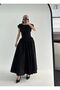 Square Collar Maxi Length Stone Detailed Pera Black Dress - 7