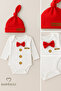 Little Boss Baby Boy Long Sleeve Snap Body and Beanie Set Button Printed with Bow Tie 100% Cotton - 4