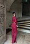 Women's Burgundy Long Sleeve Low-Cut Blouse Spanish Flare Slit Pants Bottom Top Set - 3