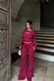 Women's Burgundy Long Sleeve Low-Cut Blouse Spanish Flare Slit Pants Bottom Top Set