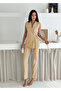 Cream Belted Vest with Belt Carrot Pants Woven Fabric Double Suit - 3