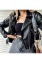 Women's Black Leather Jacket with Zipper and Belt Details - 2