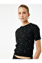 Pearl Embroidered Short Sleeve Crew Neck Rhinestone Knitwear Sweater - 2