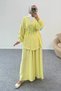 Double Set with Gathered Balloon Sleeves, Belt Detail Blouse and Wide Leg Trousers 8882 - Yellow