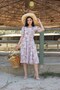 Brown Pastel Floral Square Collar Watermelon Sleeve Flared Dress - 5