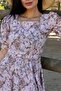 Brown Pastel Floral Square Collar Watermelon Sleeve Flared Dress - 4