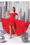 Girl's Red Color Satin Fabric Tight Tailed Evening Dress - 2