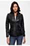 Black Maeve Women's Genuine Leather Coat with Snap Detail and Judge Collar Lining - 3