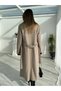 Women's Beige Belted Lined Long Oversize Cashmere Coat with Pockets - 2