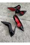 Women's Black Patent Leather Red Sole Heeled Stiletto Model Classic Heeled Shoes - 4
