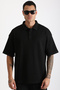 Double Pique Fabric Loose Fit Men's Polo Neck T-Shirt with Collar and Sleeve Stitching Detail
