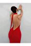 One Shoulder Back to Waist V-Cut Back Mid Gathered Slit Long Fish Dress - 3