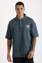 Chest Mykonos Embroidery Detailed Double Pique Fabric Loose Fit Men's Polo Neck T-Shirt - 6