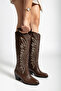 Women's Cowboy Brown Leather Boots Western Stitching Detailed Thick Heeled - 2