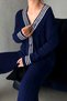 Women's Navy Blue Gold Button Detailed Striped Pocketed Cardigan Trouser Bottom Top Double Knitwear Set - 3
