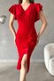 Women's Red Lurex Fabric Double Breasted Neckline Flounce Detailed Evening Dress 121 - 3