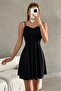 Black Flexible Crepe Fabric Flare Collar Double Strap Detailed Flared Mini Dress582130 - 3