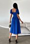 Women's Stretchy Diver Fabric Square Neck Balloon Sleeve Design Cobalt Blue Midi Evening Dress582613 - 7