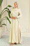 Flared Front Stone Patterned Satin Hijab Evening Dress Bej 1680 - 4