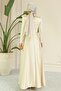 Flared Front Stone Patterned Satin Hijab Evening Dress Bej 1680 - 6