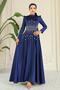 Flared Front Stone Patterned Satin Hijab Evening Dress Dark Blue 1680 - 3