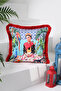 Mexican Women's Tropical Patterned Digital Printed Velvet Cushion Cover with Red Fringes