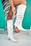 Heeled Leather Women's Boots - Vern White Below Knee Gusseted Cowboy Boots Almond Heeled Short Heel - 5