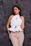 Women's White Buckle Detailed Halter Neck Peplum Blouse