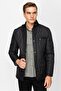 Black Standard Fit Stand Collar Quilted Pocket Flap Zipper & Snap Fastener Plain Long Sleeve Men's Coat - 2