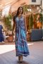 Purple Color Gold Detailed Front Back V Neck Ruffle Detailed Silk Dress - 5