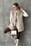 Women's Beige Pocket and Lining Detailed Collar Hooked Long Fur Vest - Plus Size