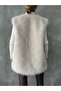 Women's Beige Pocket and Lining Detailed Collar Hooked Long Fur Vest - Plus Size - 6