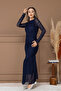 Tulle Ruched Detail Pencil Long Dress - Dark Blue - 6