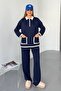 Navy Blue Modal Fabric Cotton Double Suit Women - Comfortable Stylish Bottom Top Set - Zipper Collar Pocket - 2