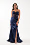 Women's Navy Blue Slim Fit Strapless Beaded Long Satin Evening Dress - 2