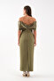 Women's Khaki Slim-Fit Boat Neck Pearl-Embellished Evening Gown for Engagement and Wedding - 5