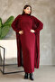 Turtleneck Long Sleeve Ankle-Length Solid Color Dress and Openwork Batwing Sleeve Knit Cardigan Two-Piece Set - 3